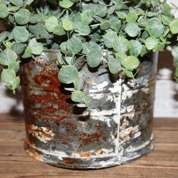 Large Chippy Rusty Aged & Weathered Farmhouse Metal Bucket Pot with Eucalyptus - Picture 3 of 5